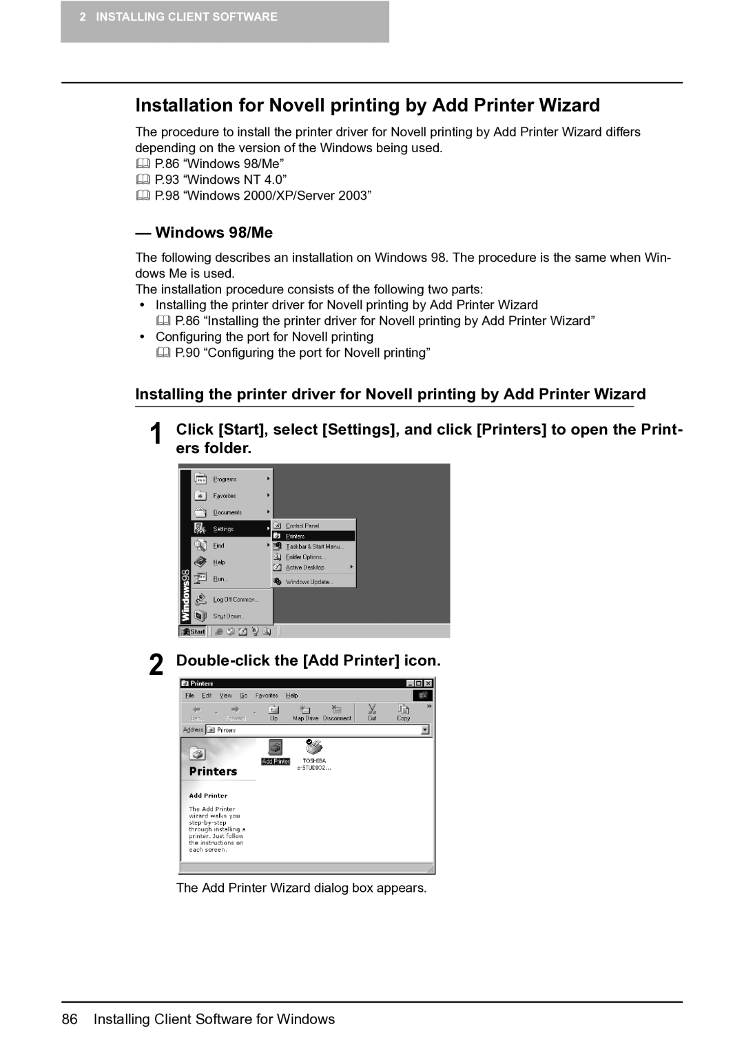 Toshiba e-Studio 165/205 manual Installation for Novell printing by Add Printer Wizard, Windows 98/Me 