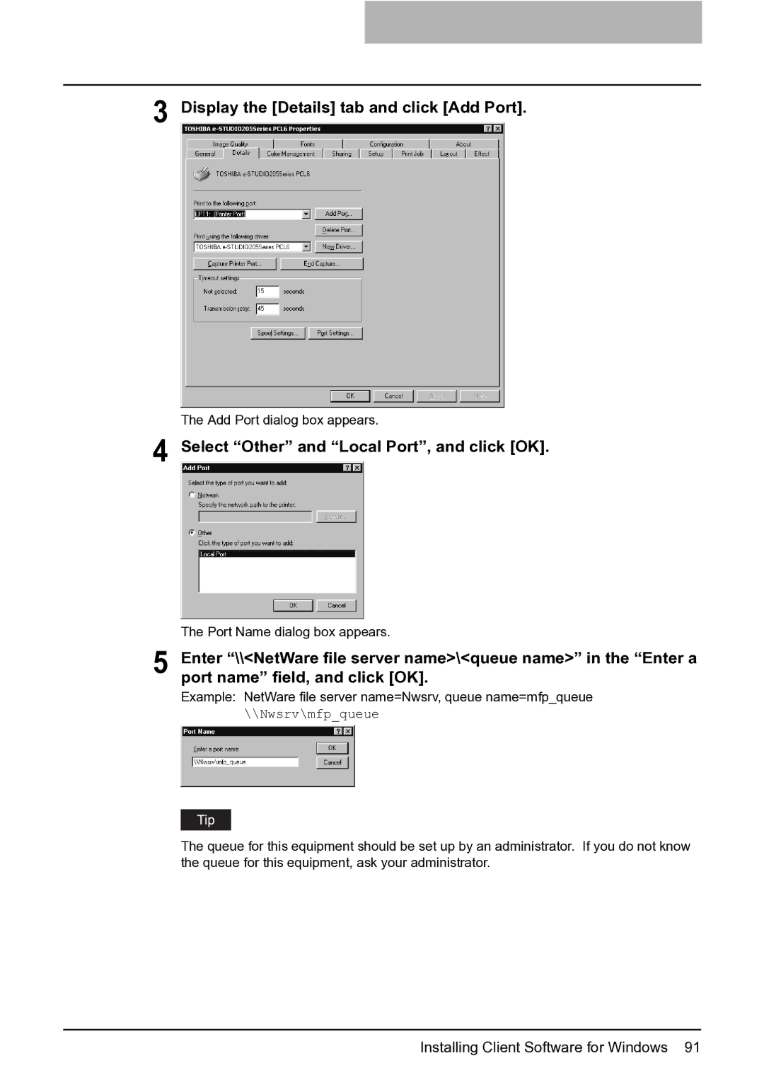 Toshiba e-Studio 165/205 manual Display the Details tab and click Add Port, Select Other and Local Port, and click OK 