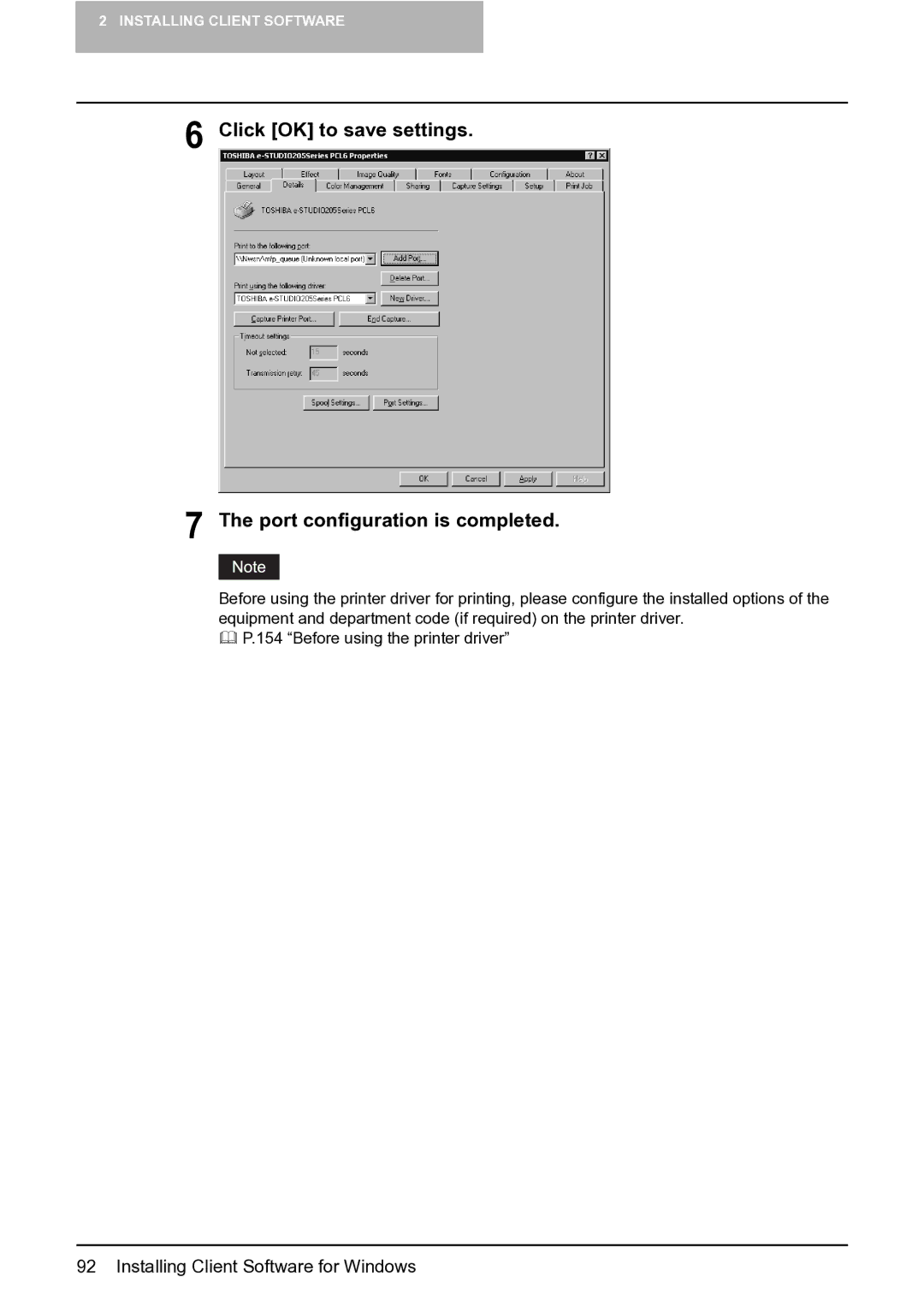 Toshiba e-Studio 165/205 manual Click OK to save settings Port configuration is completed 