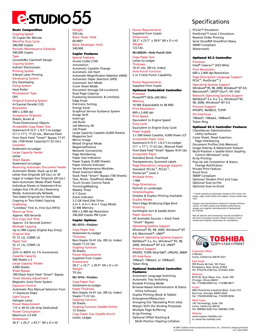 Toshiba e-STUDIO 55 brochure Basic Composition, Copier Features, Copier Options MJ-1015-Finisher, MJ-1016-Finisher 