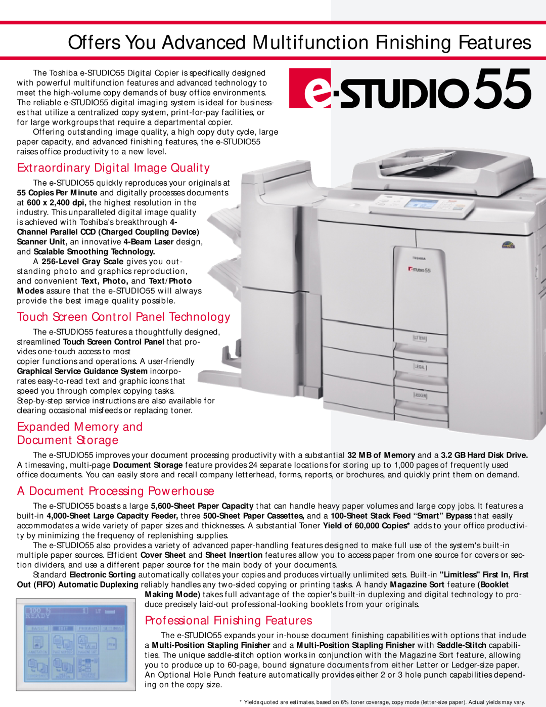 Toshiba e-STUDIO 55 brochure Extraordinary Digital Image Quality, Touch Screen Control Panel Technology 