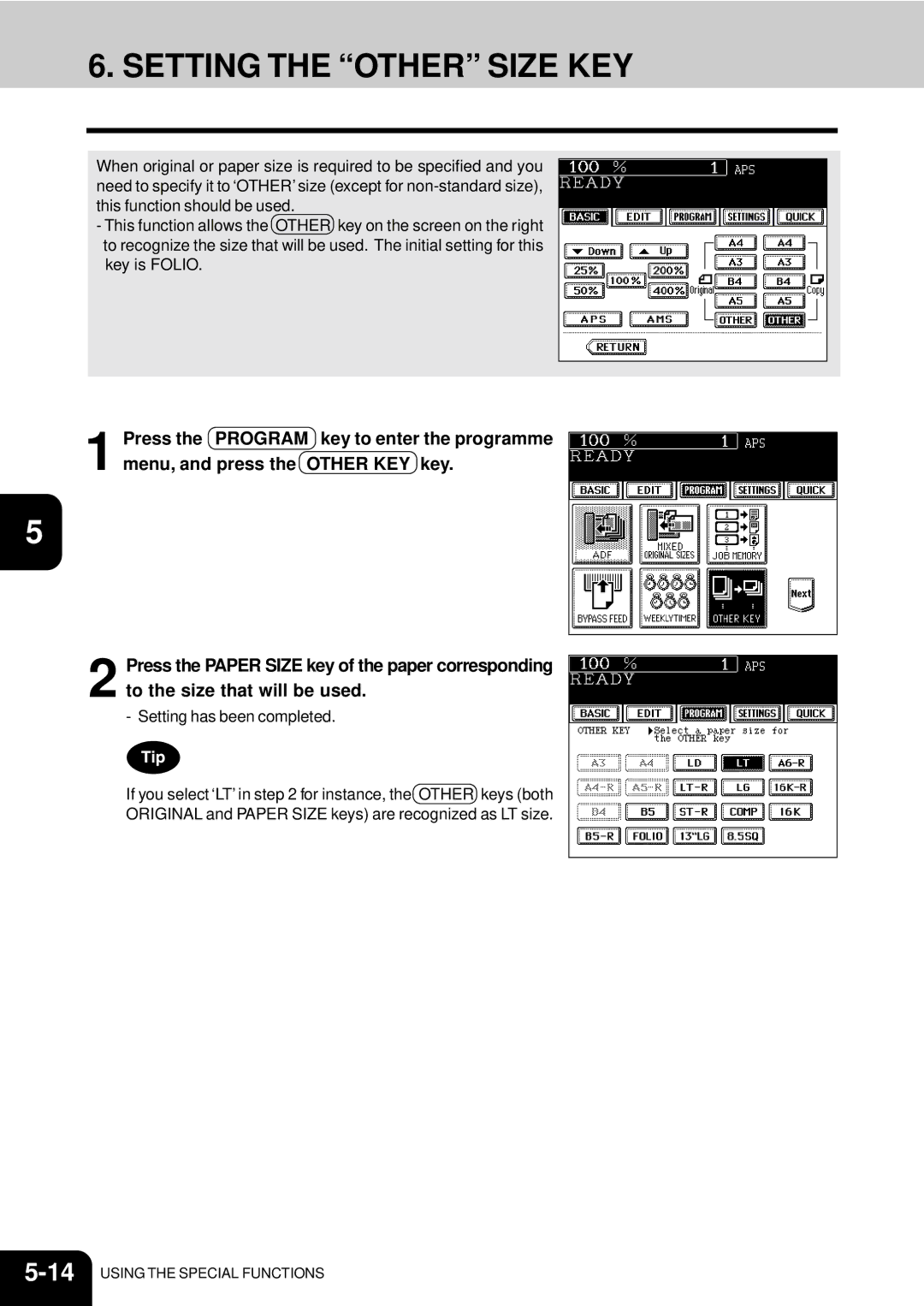 Toshiba e-studio 550/650/810 manual Setting the Other Size KEY, Setting has been completed 