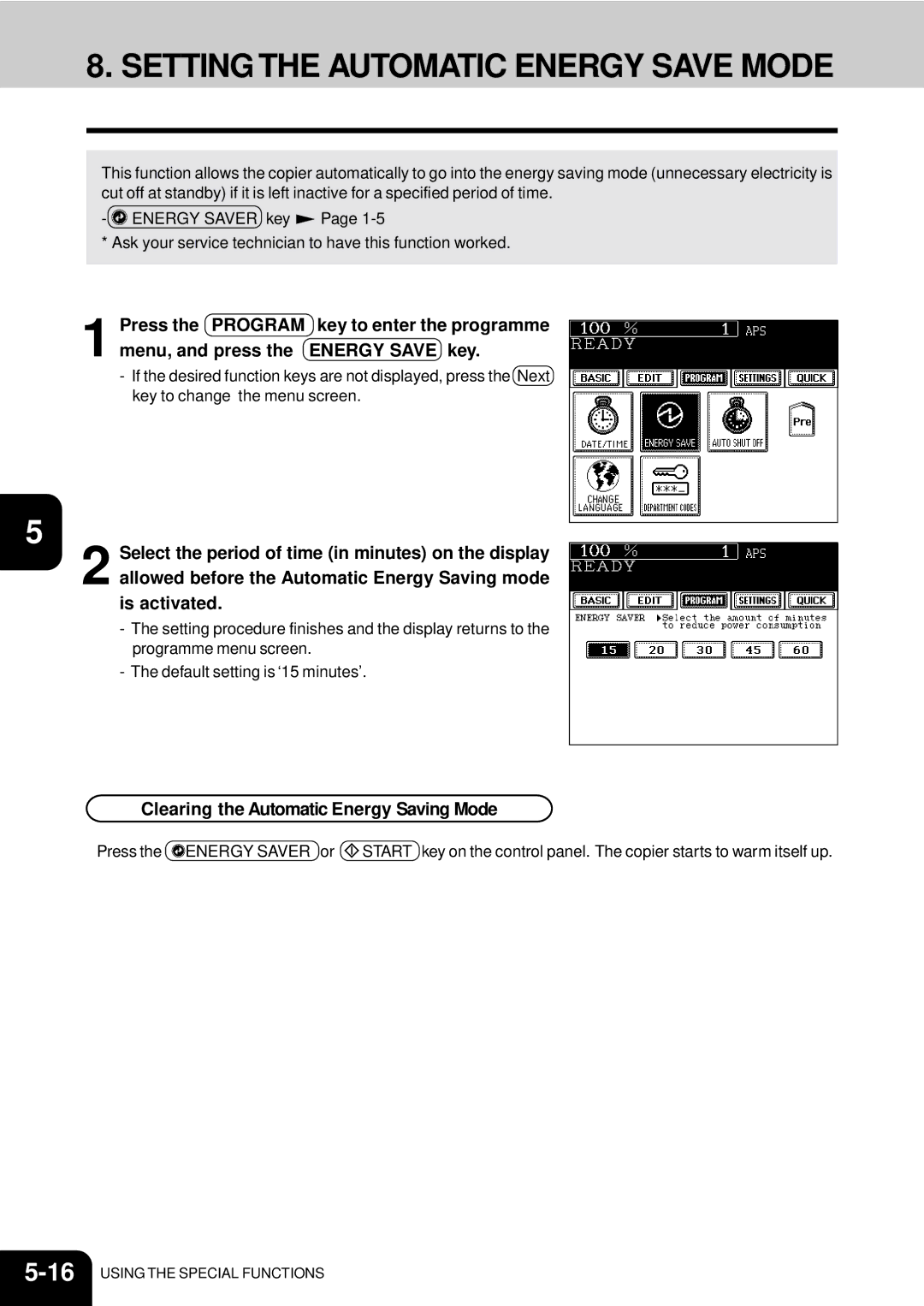 Toshiba e-studio 550/650/810 manual Setting the Automatic Energy Save Mode, Clearing the Automatic Energy Saving Mode 