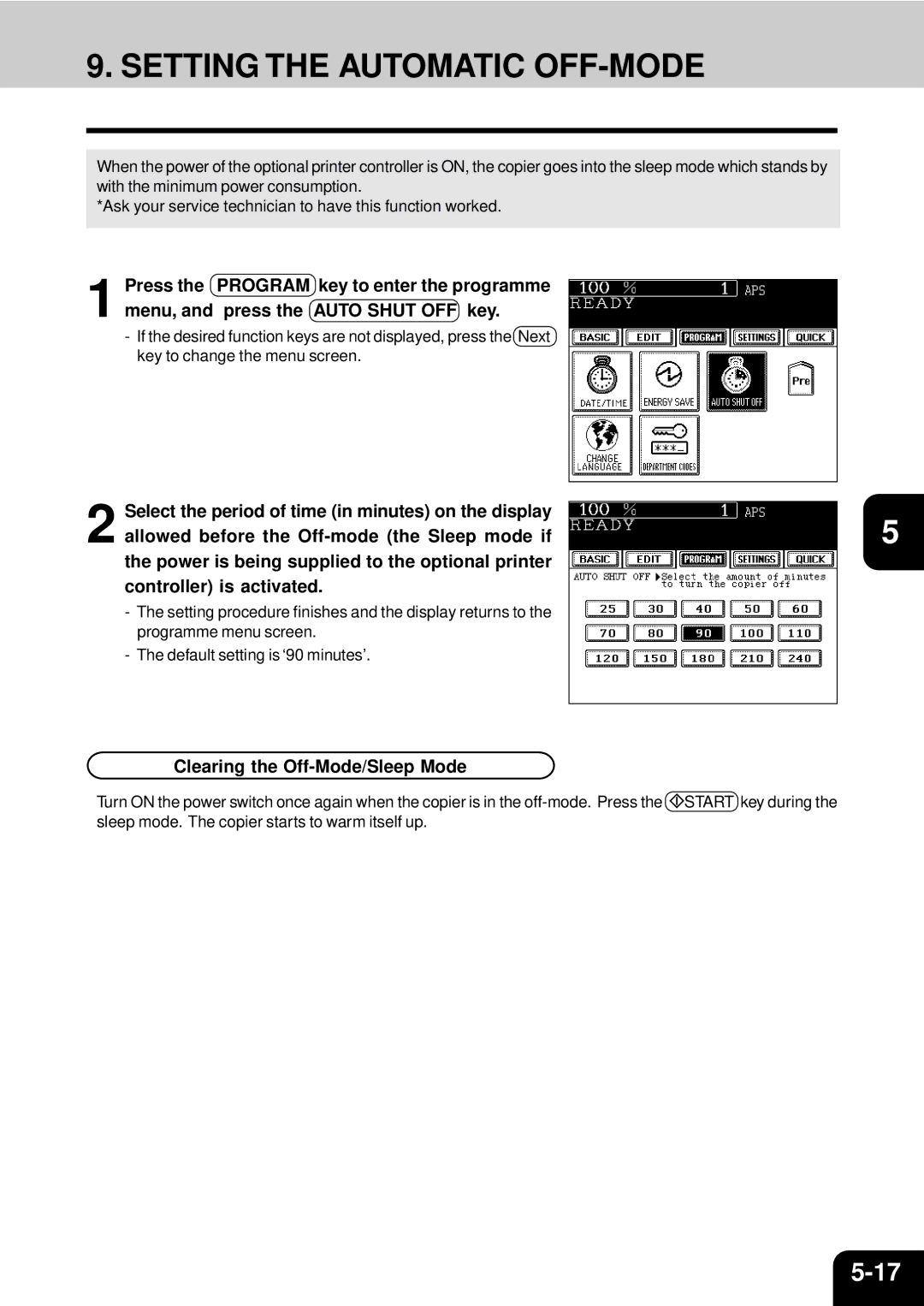 Toshiba e-studio 550/650/810 manual Setting the Automatic OFF-MODE, Clearing the Off-Mode/Sleep Mode 