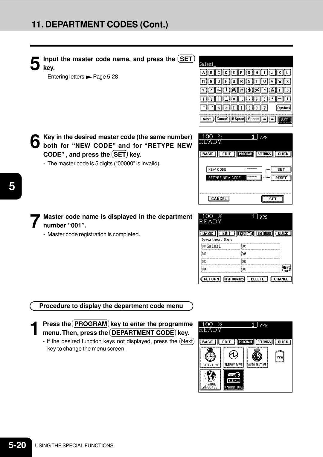 Toshiba e-studio 550/650/810 manual Department Codes, Input the master code name, and press the SET key 