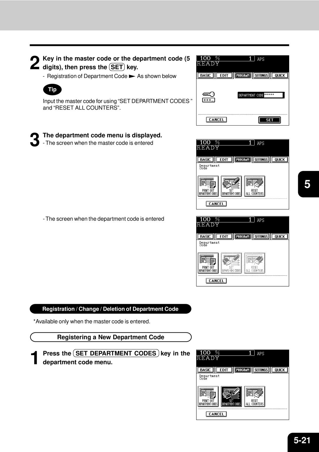 Toshiba e-studio 550/650/810 manual Registration / Change / Deletion of Department Code 