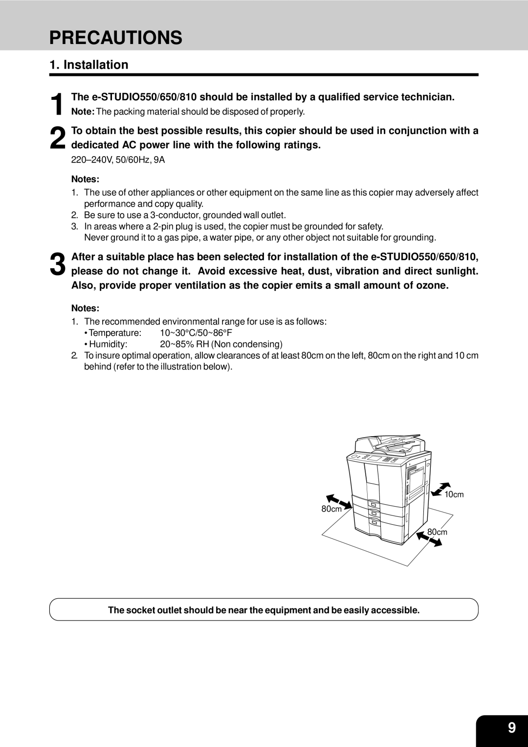 Toshiba e-studio 550/650/810 manual Precautions, Installation 