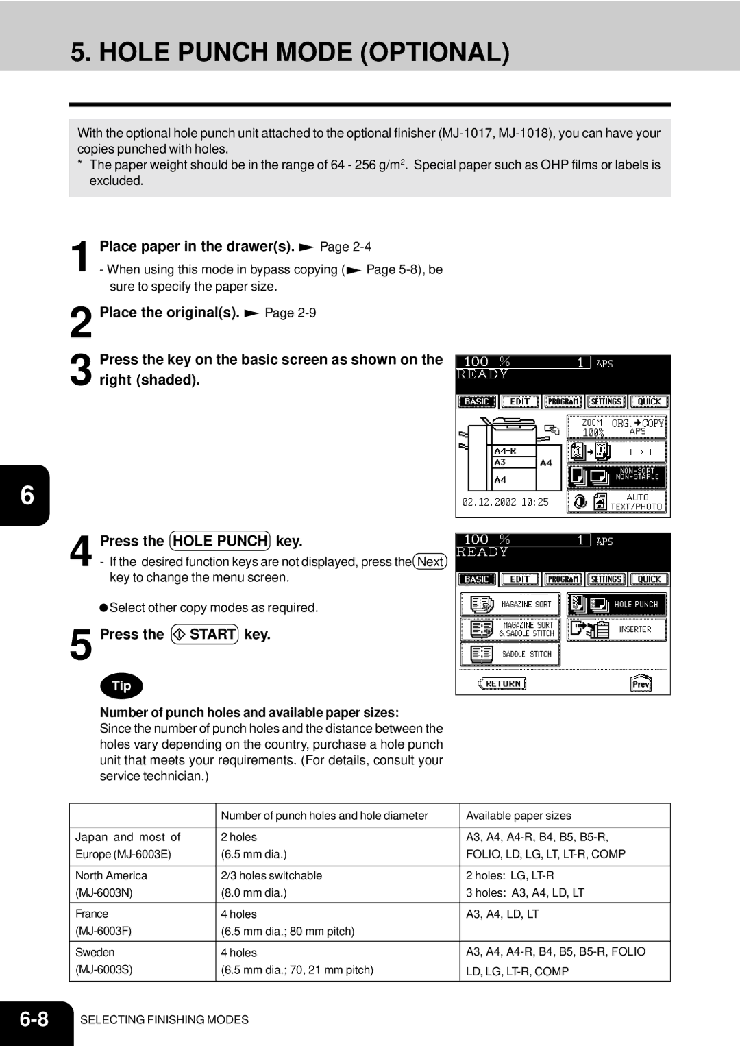 Toshiba e-studio 550/650/810 manual Hole Punch Mode Optional, Number of punch holes and available paper sizes 