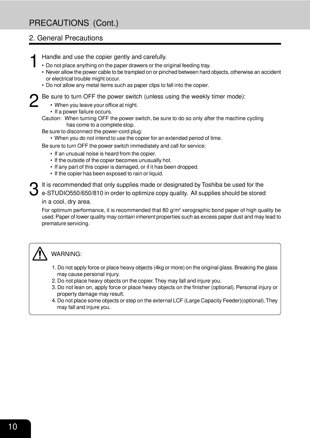 Toshiba e-studio 550/650/810 manual General Precautions, Handle and use the copier gently and carefully 