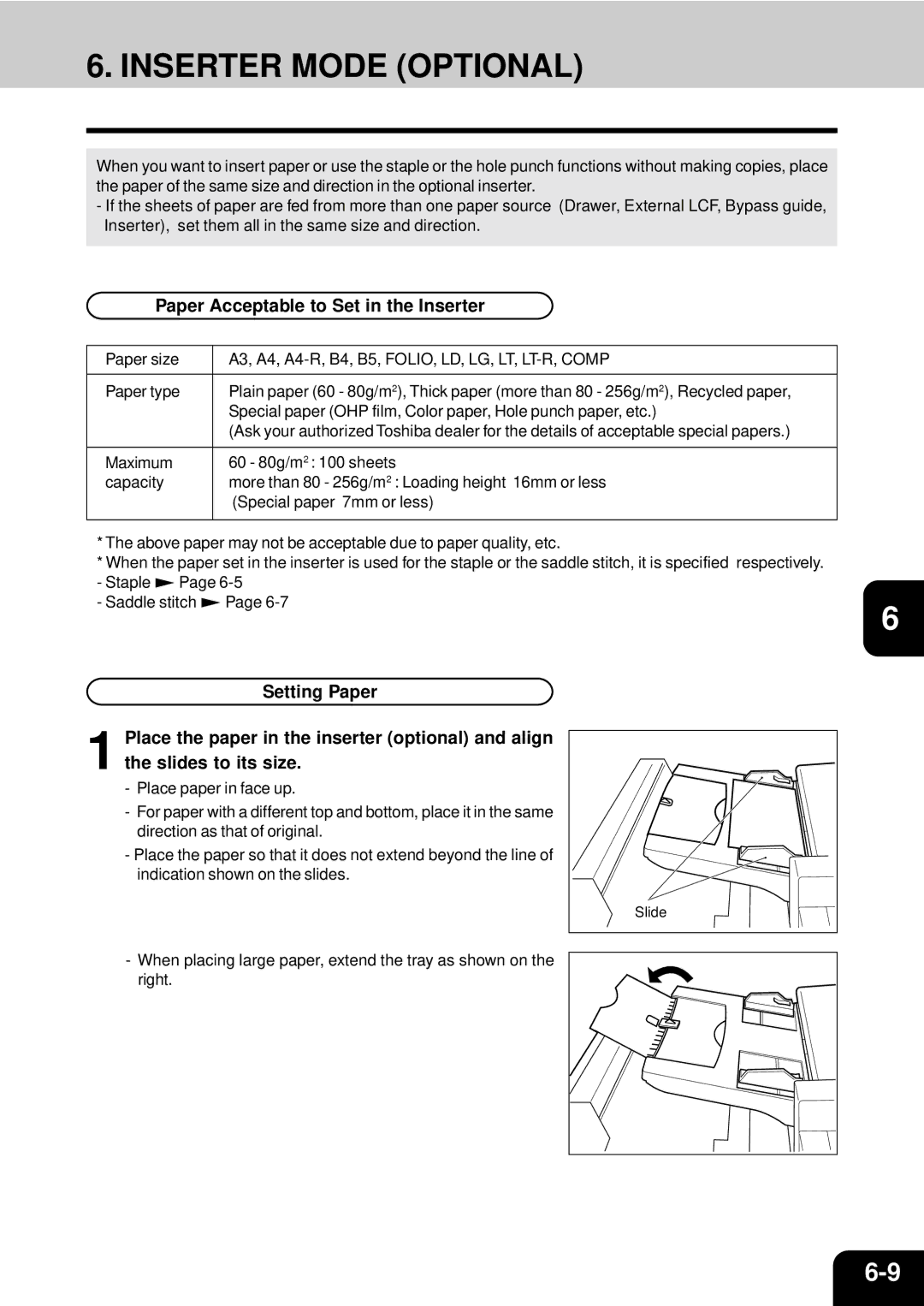 Toshiba e-studio 550/650/810 manual Inserter Mode Optional, Paper Acceptable to Set in the Inserter 