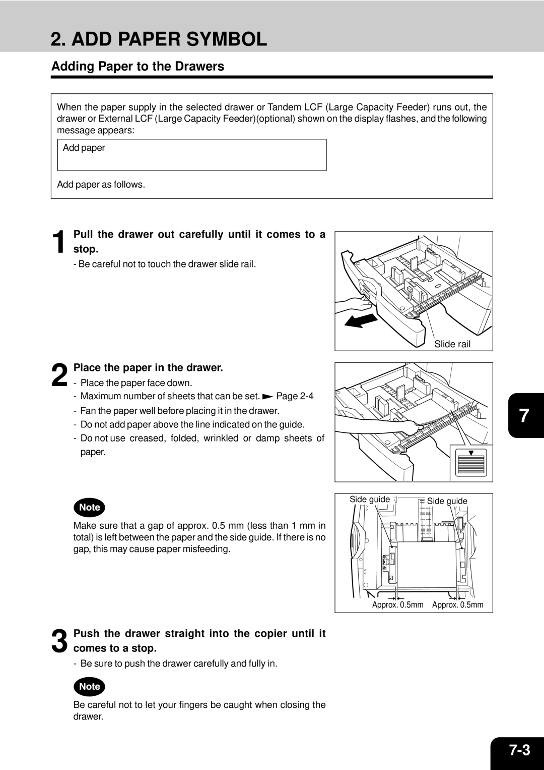 Toshiba e-studio 550/650/810 manual ADD Paper Symbol, Adding Paper to the Drawers, Place the paper in the drawer 