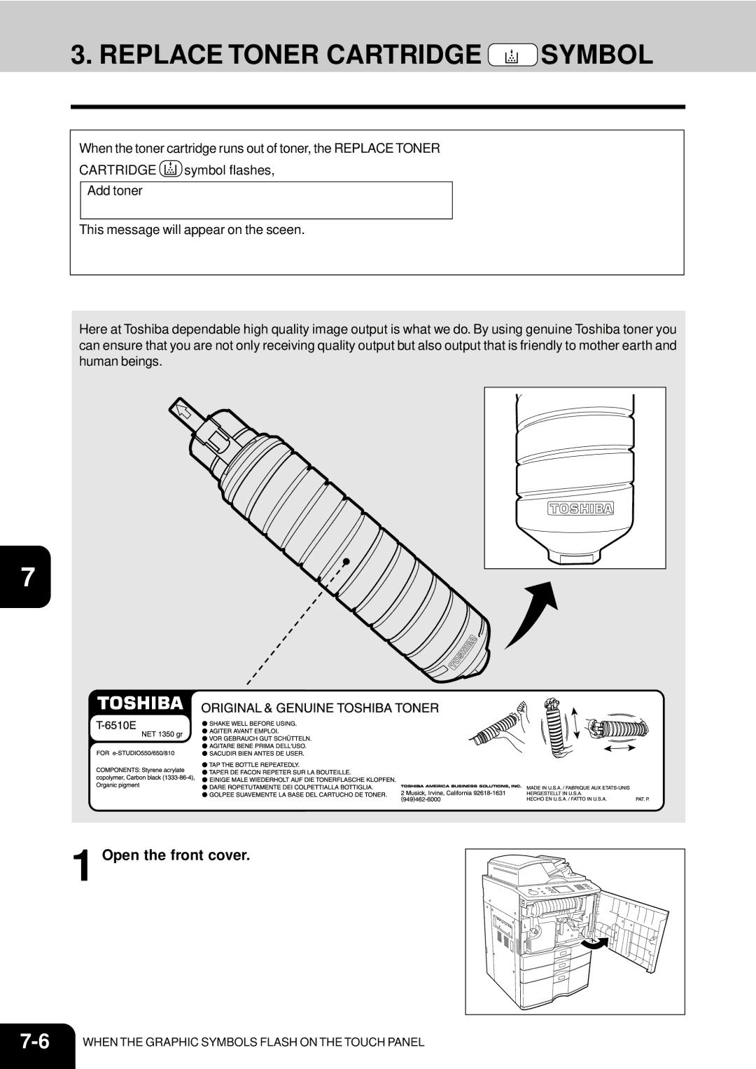 Toshiba e-studio 550/650/810 manual Replace Toner Cartridge Symbol, Open the front cover 