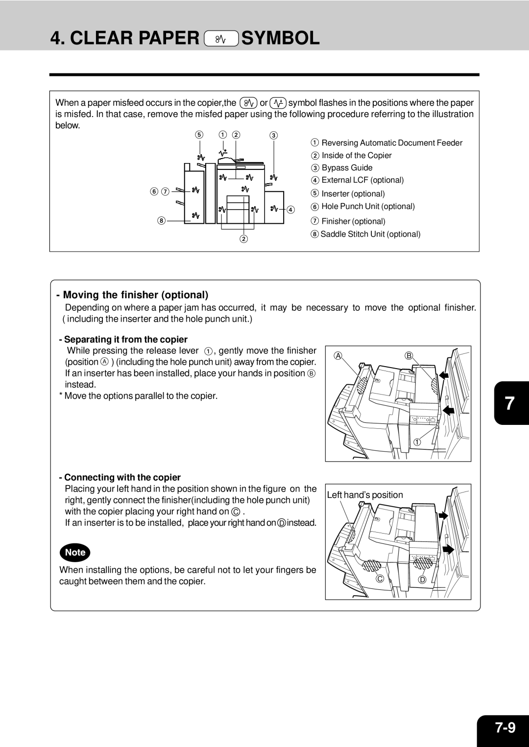 Toshiba e-studio 550/650/810 manual Clear Paper Symbol, Moving the finisher optional, Separating it from the copier 