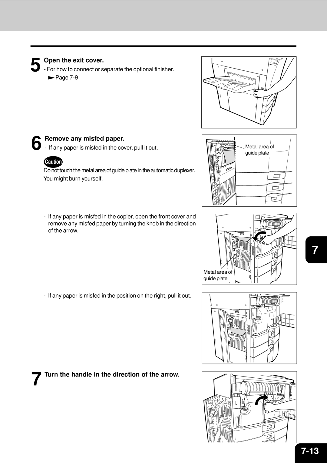 Toshiba e-studio 550/650/810 Open the exit cover, Remove any misfed paper, Turn the handle in the direction of the arrow 