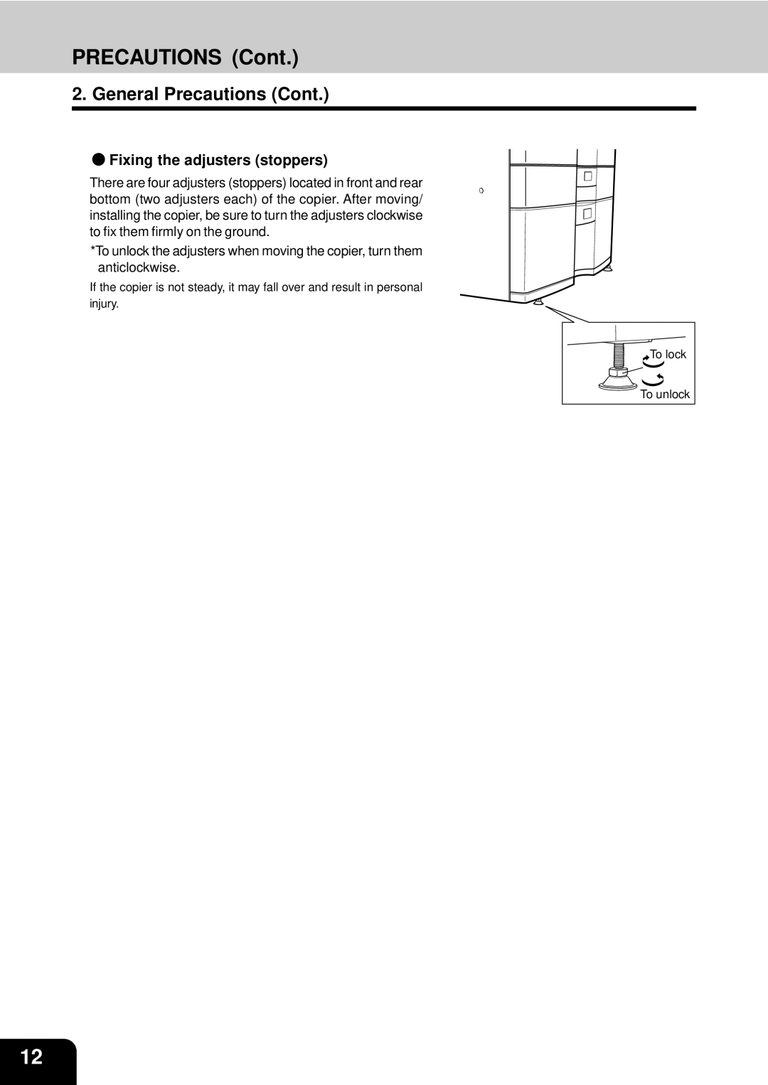 Toshiba e-studio 550/650/810 manual Fixing the adjusters stoppers 