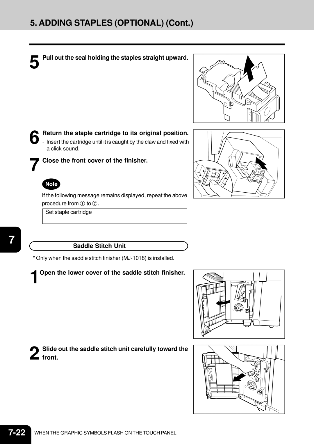 Toshiba e-studio 550/650/810 manual Adding Staples Optional, Close the front cover of the finisher, Saddle Stitch Unit 