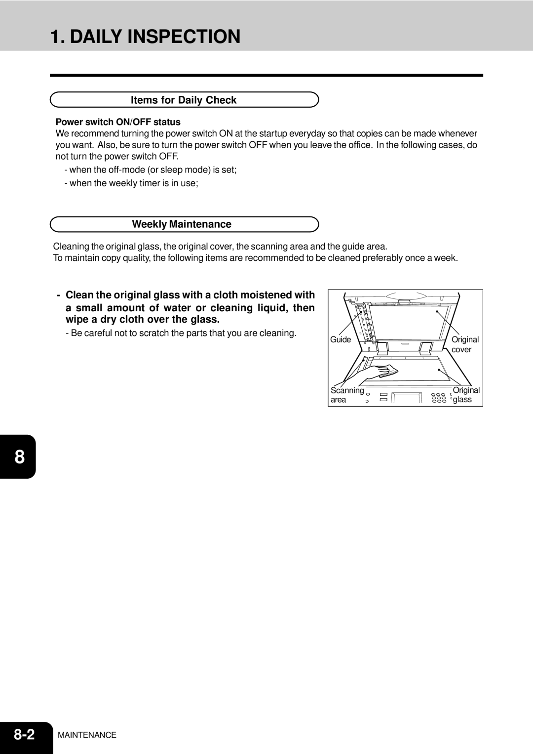 Toshiba e-studio 550/650/810 manual Daily Inspection, Items for Daily Check, Weekly Maintenance, Power switch ON/OFF status 