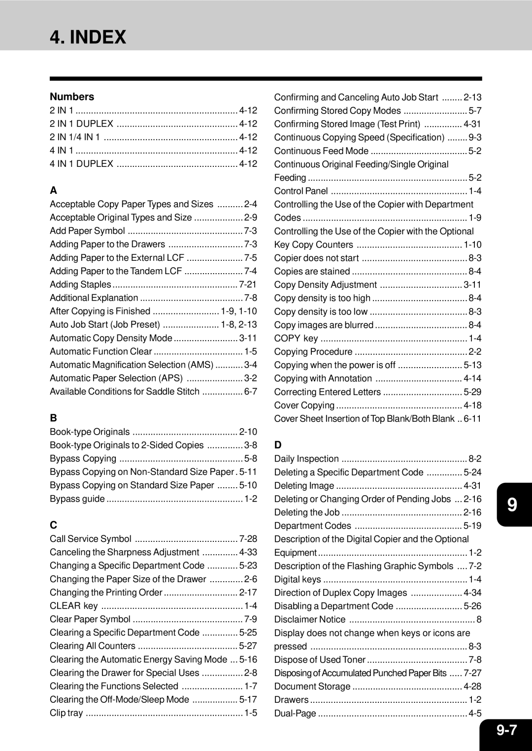 Toshiba e-studio 550/650/810 manual Index, Numbers 