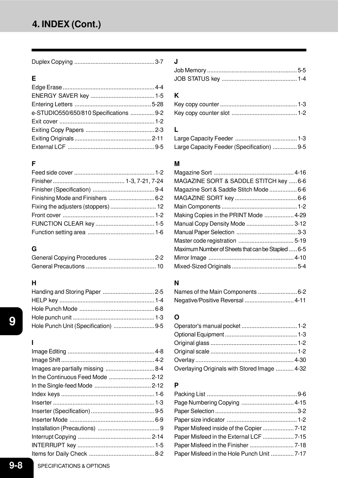 Toshiba e-studio 550/650/810 manual Index, Finisher 