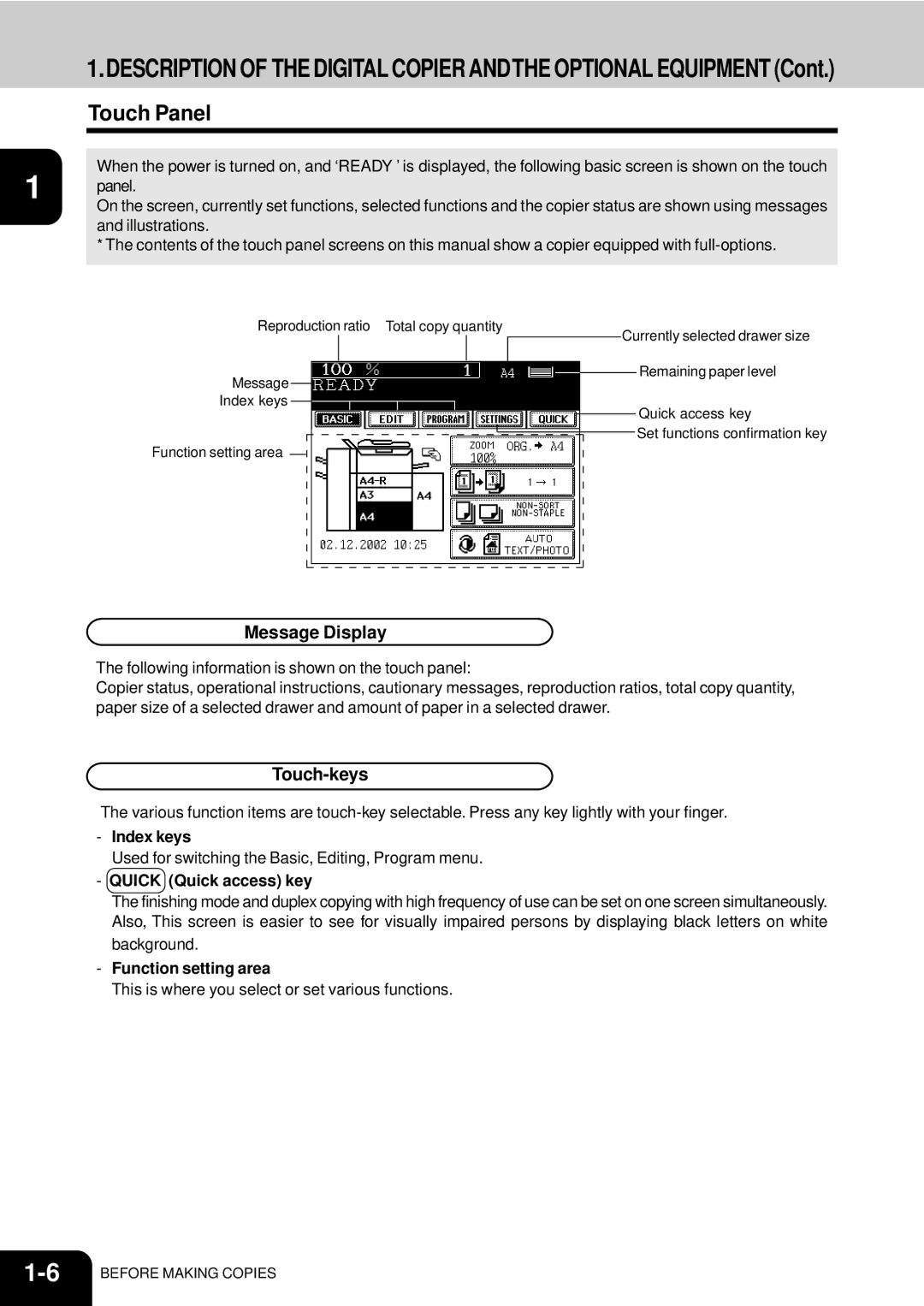 Toshiba e-studio 550/650/810 manual Touch Panel, Message Display, Touch-keys 