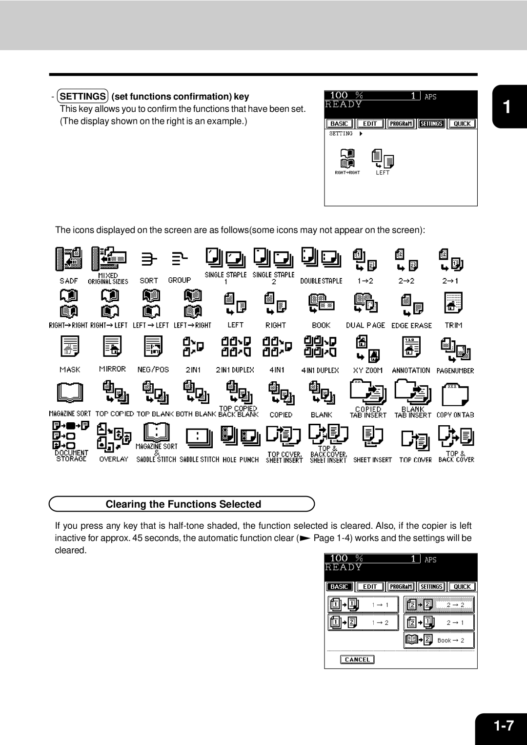 Toshiba e-studio 550/650/810 manual Clearing the Functions Selected, Settings set functions confirmation key 