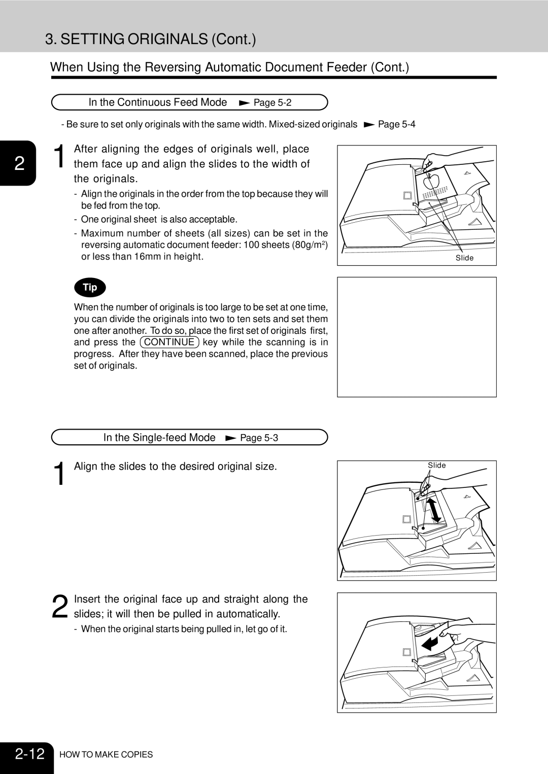 Toshiba e-studio 550/650/810 manual Continuous Feed Mode, After aligning the edges of originals well, place, Originals 