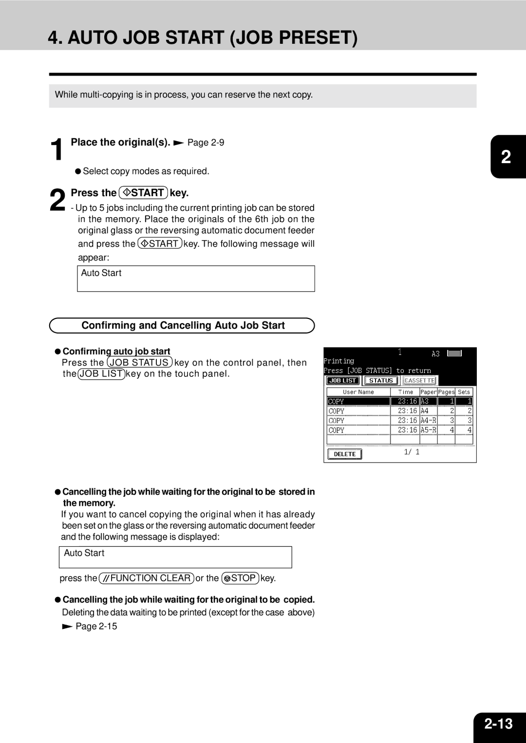 Toshiba e-studio 550/650/810 Auto JOB Start JOB Preset, Press the Start key, Confirming and Cancelling Auto Job Start 