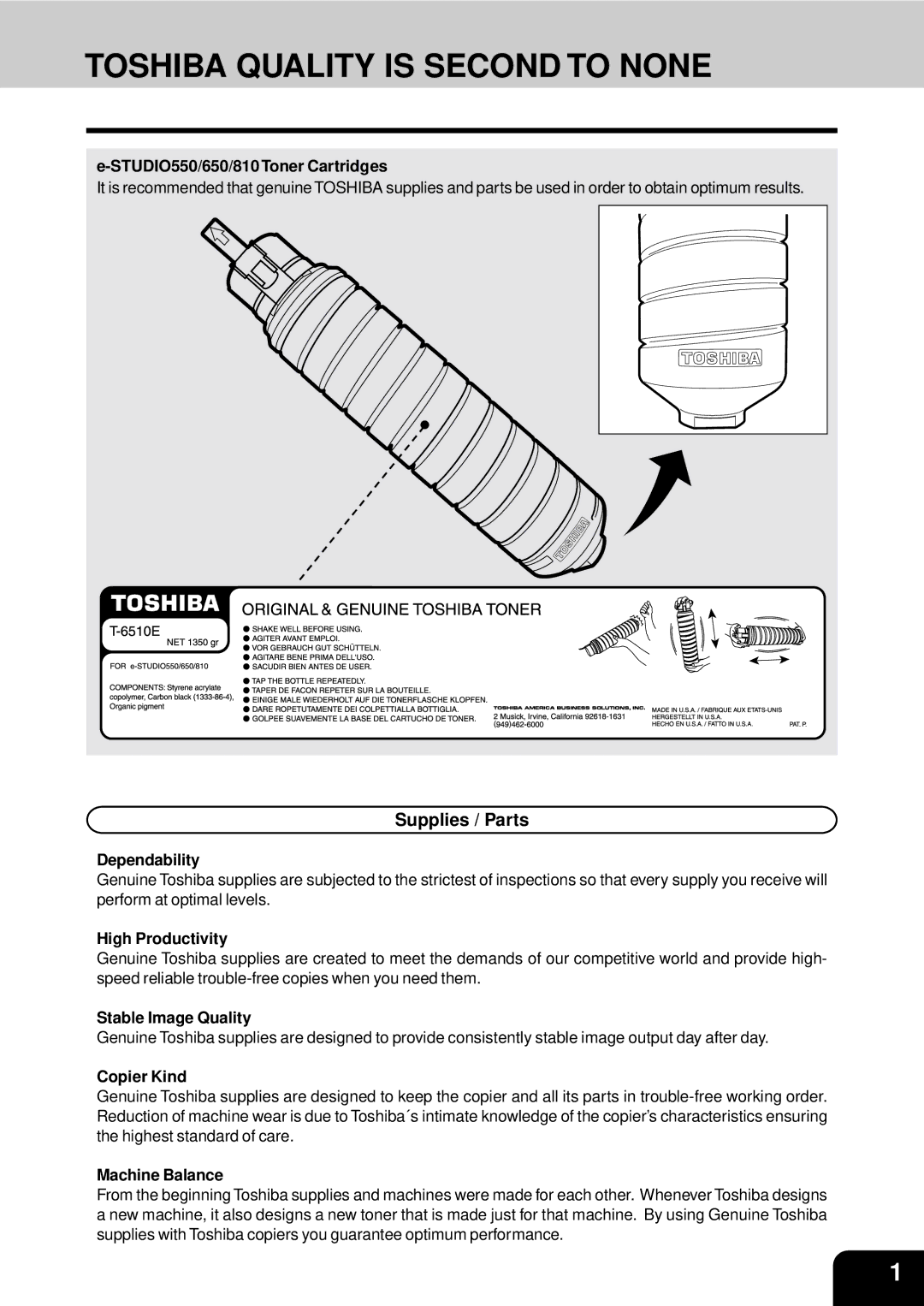 Toshiba e-studio 550/650/810 manual Toshiba Quality is Second to None, Supplies / Parts 