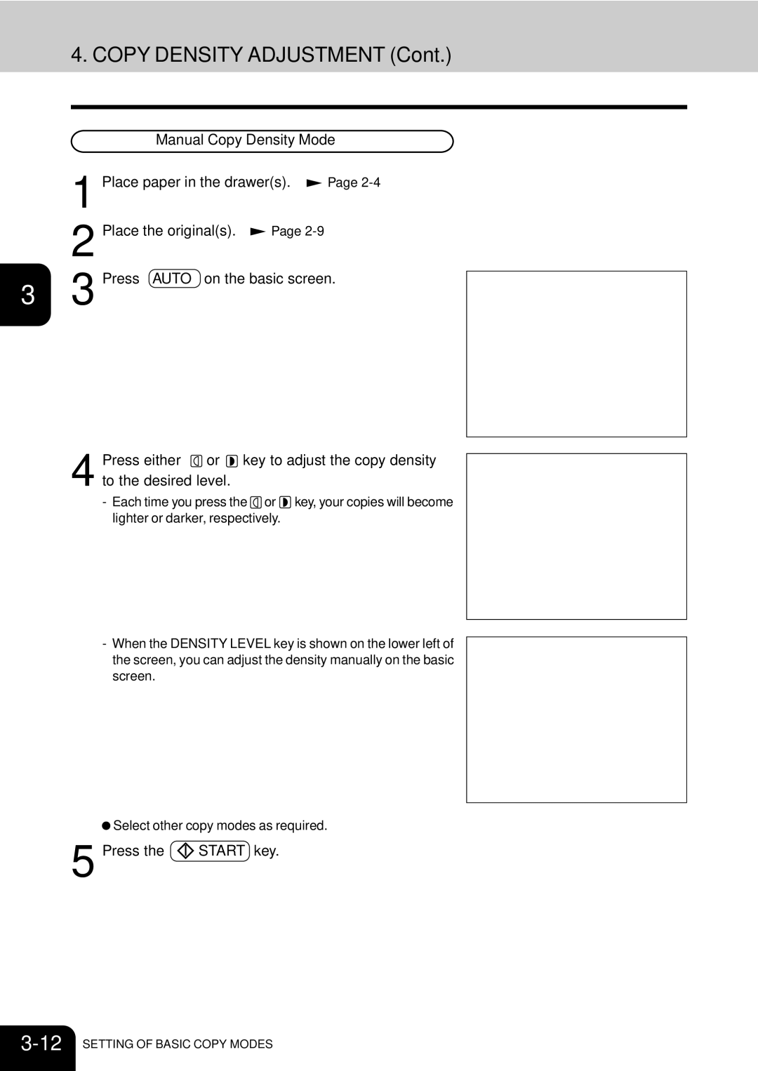 Toshiba e-studio 550/650/810 manual Copy Density Adjustment, Manual Copy Density Mode, Press Auto on the basic screen 