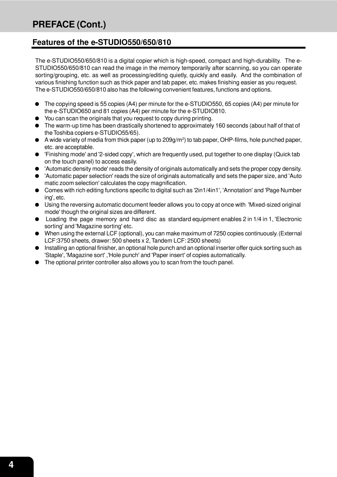 Toshiba e-studio 550/650/810 manual Preface, Features of the e-STUDIO550/650/810 