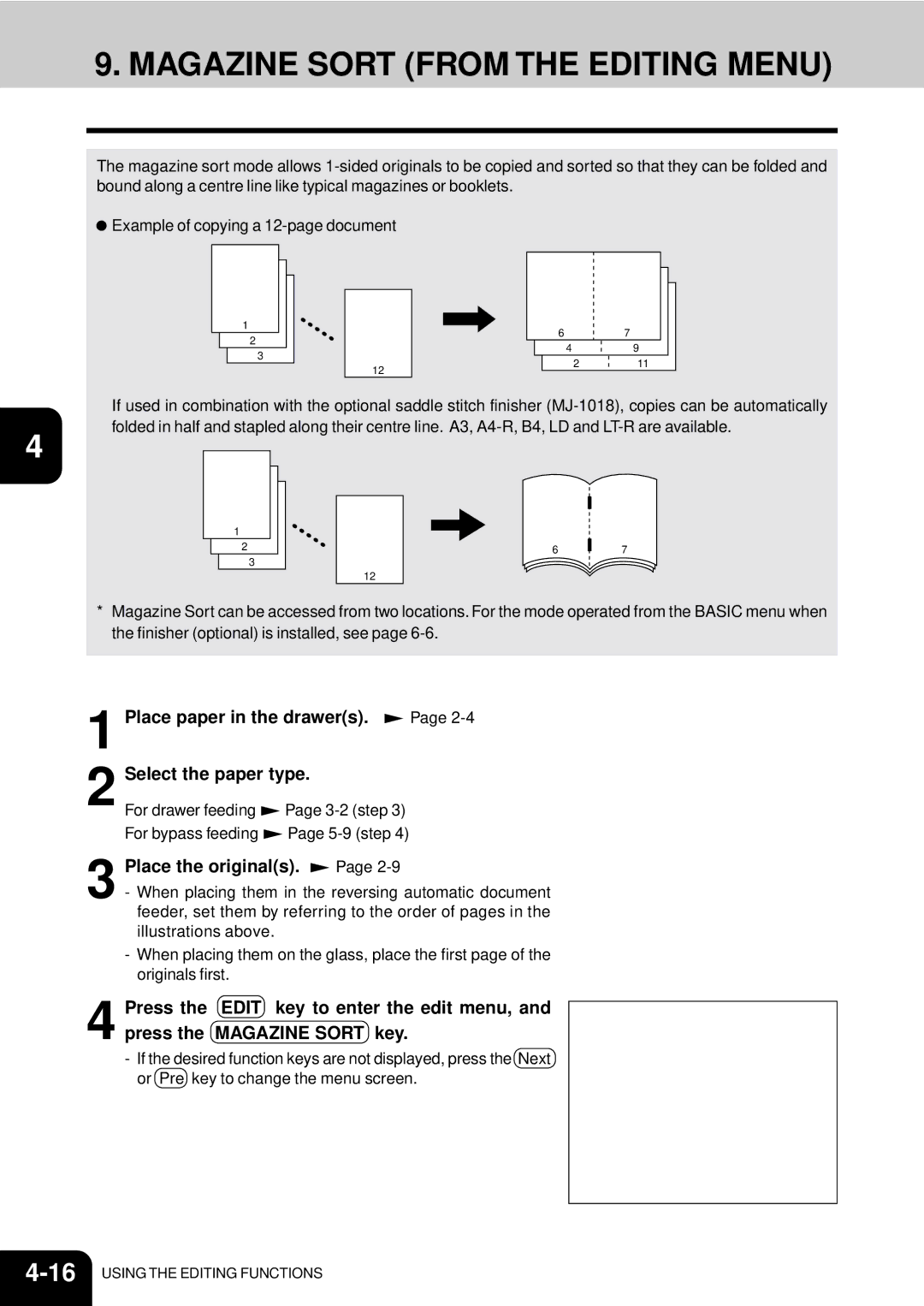 Toshiba e-studio 550/650/810 manual Magazine Sort from the Editing Menu, Place paper in the drawers Select the paper type 