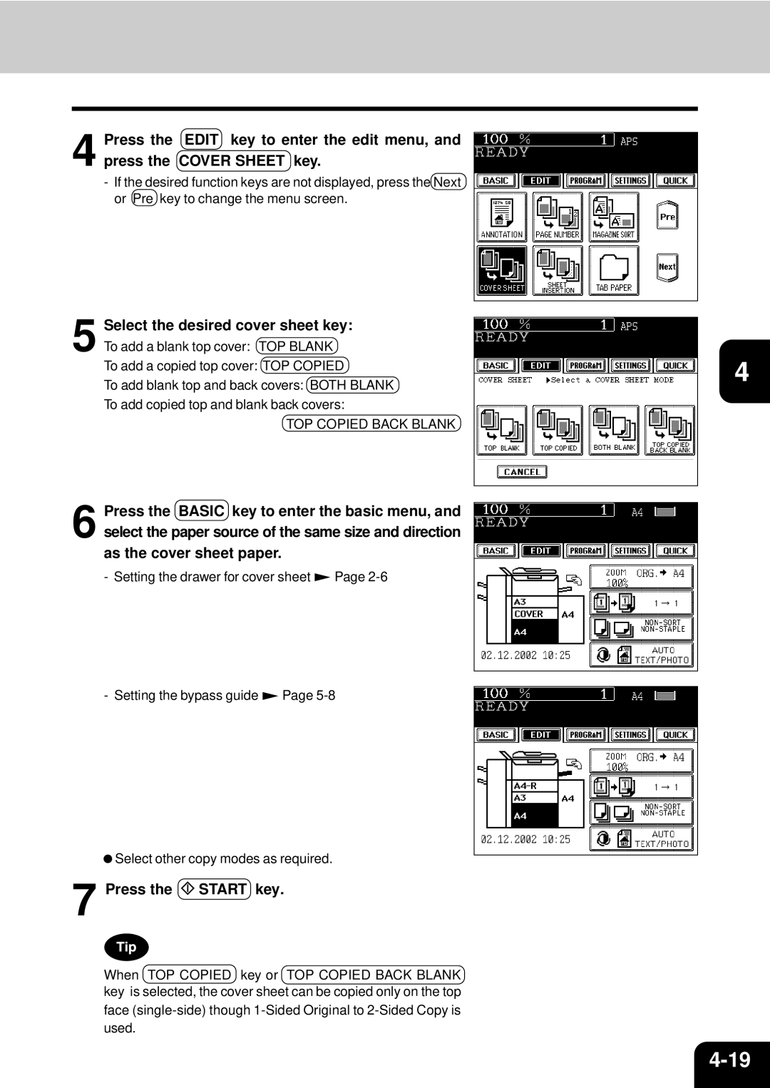 Toshiba e-studio 550/650/810 manual Select the desired cover sheet key, Press the Start key 