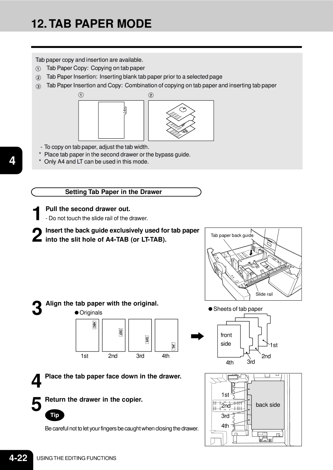 Toshiba e-studio 550/650/810 manual TAB Paper Mode, Setting Tab Paper in the Drawer, Pull the second drawer out 