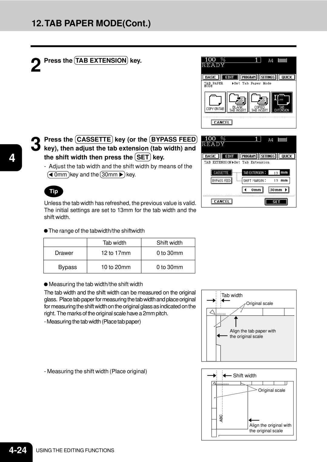 Toshiba e-studio 550/650/810 manual TAB Paper MODECont, Shift width then press the SET key 