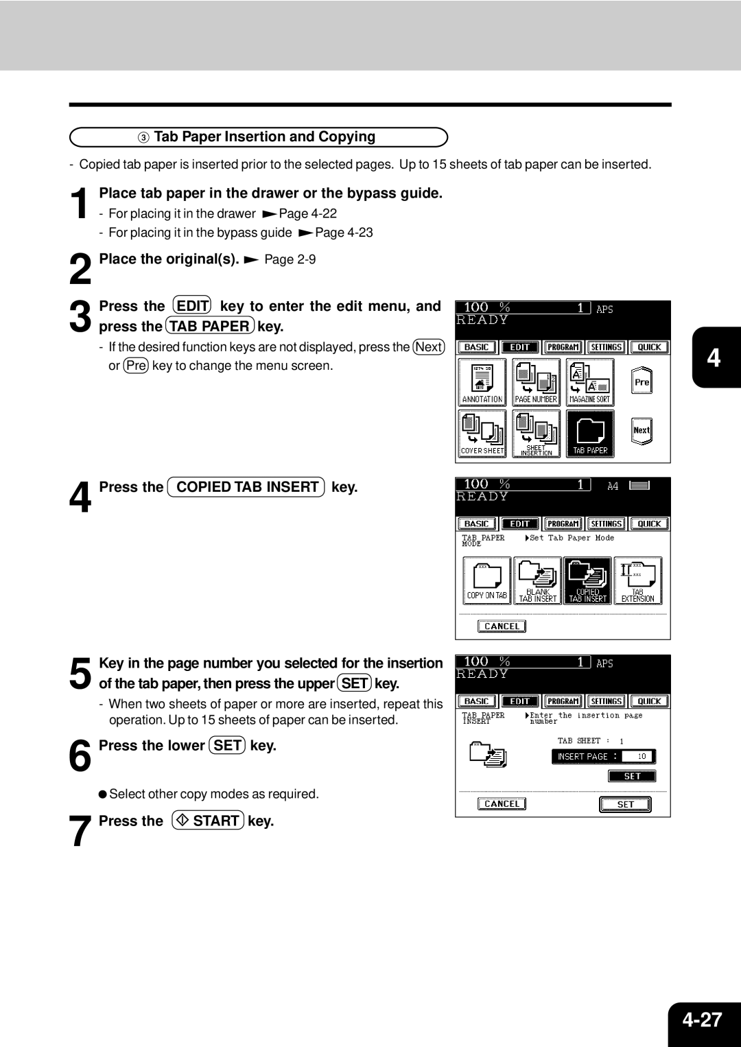 Toshiba e-studio 550/650/810 manual Tab Paper Insertion and Copying, Press the Copied TAB Insert key 