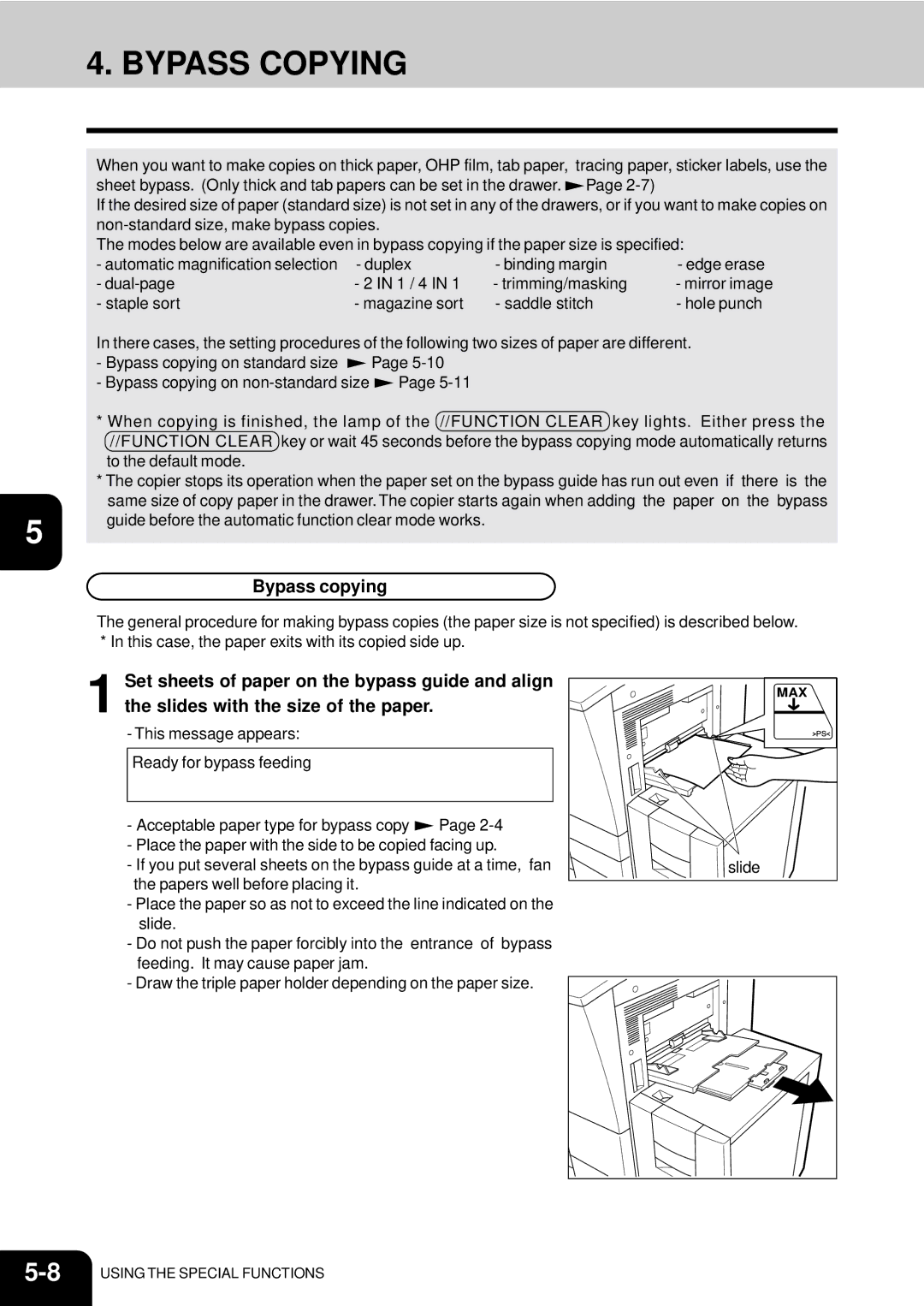 Toshiba e-studio 550/650/810 manual Bypass Copying, Bypass copying, Set sheets of paper on the bypass guide and align 