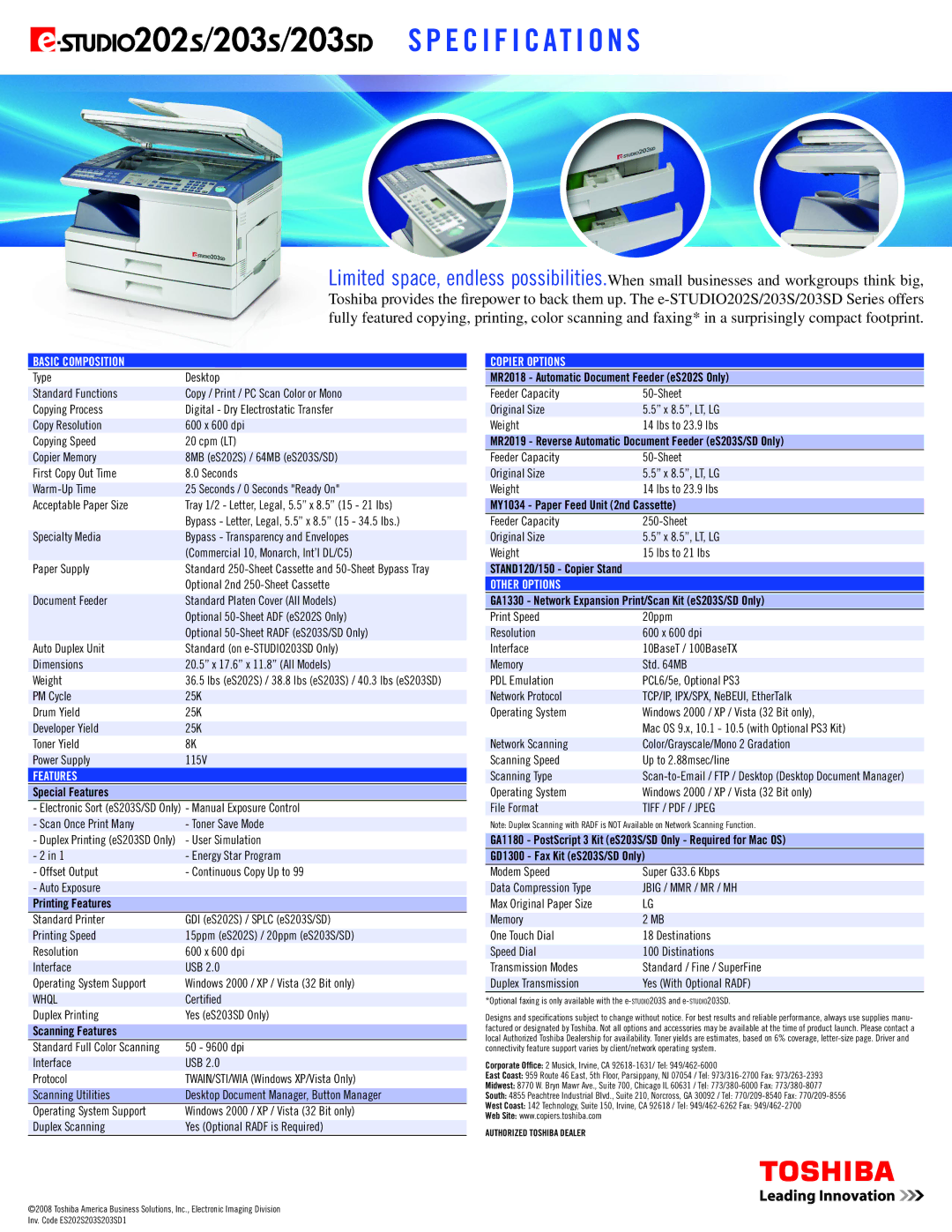 Toshiba 202S, 203SD, e-Studio Copy / Print / Scan / Fax manual E C I F I C At I O N S 