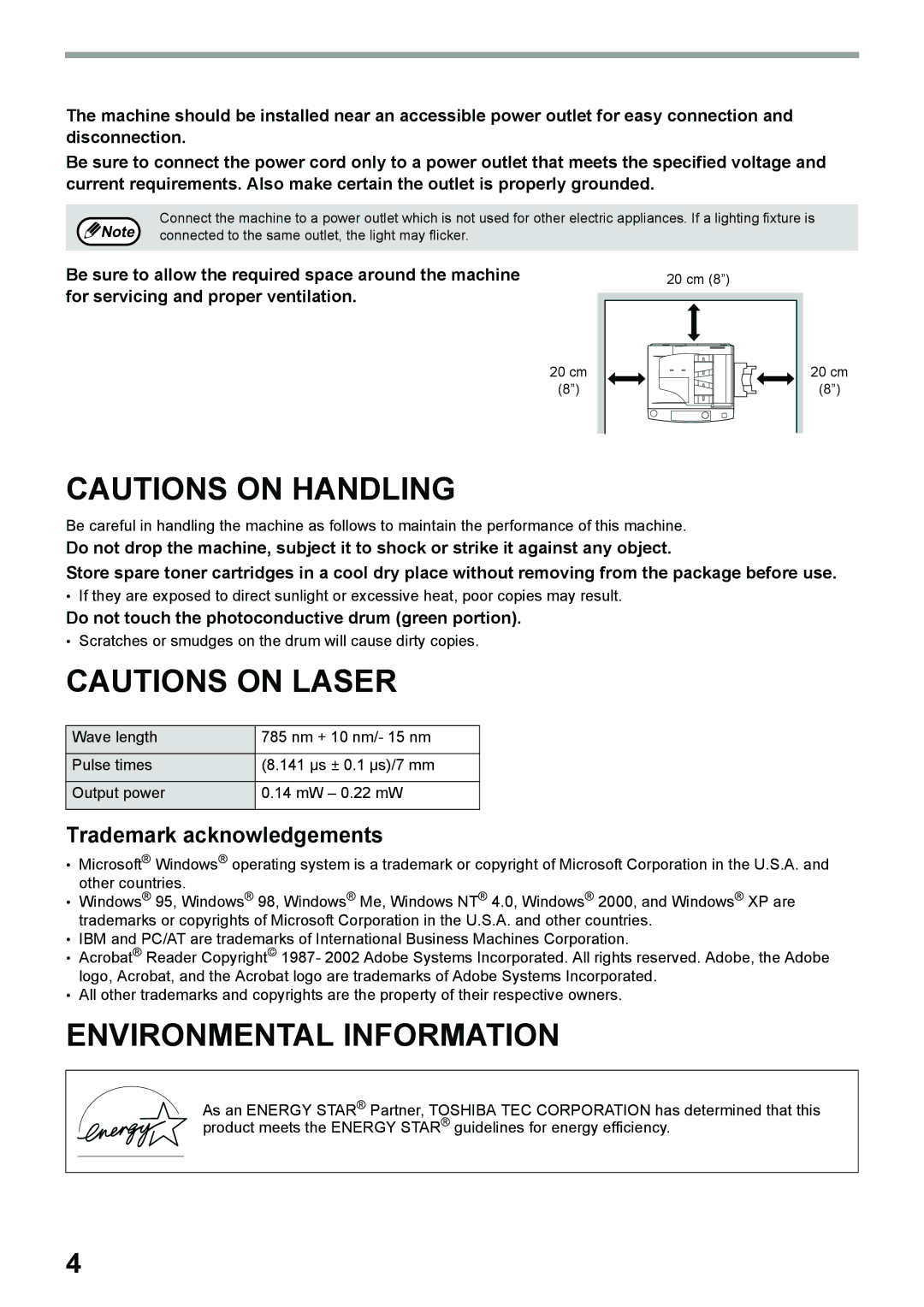 Toshiba e-STUDIO161 manual Environmental Information, Trademark acknowledgements, For servicing and proper ventilation 