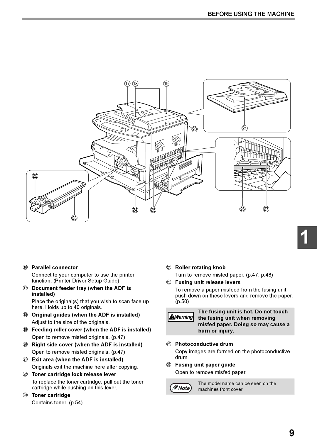 Toshiba e-STUDIO161 manual Parallel connector, Document feeder tray when the ADF is installed, Roller rotating knob 