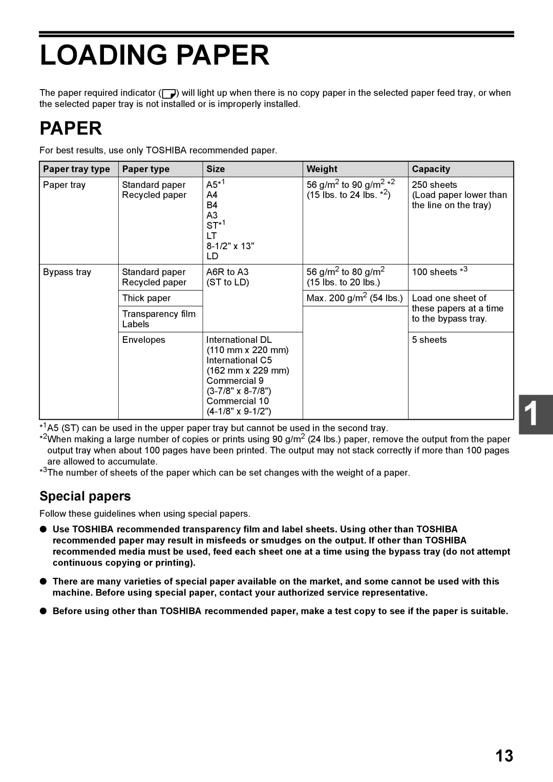 Toshiba e-STUDIO161 manual Loading Paper, Special papers, Paper tray type Paper type Size Weight Capacity 