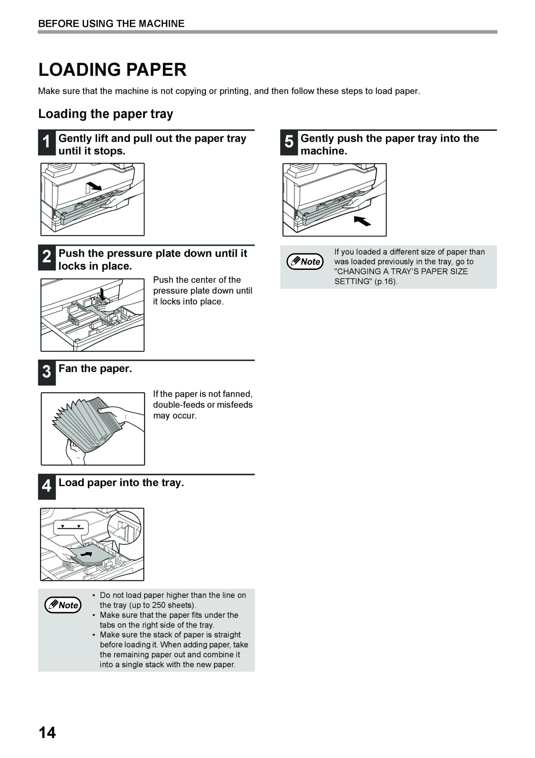 Toshiba e-STUDIO161 manual Loading Paper, Loading the paper tray, Locks in place, Fan the paper, Load paper into the tray 