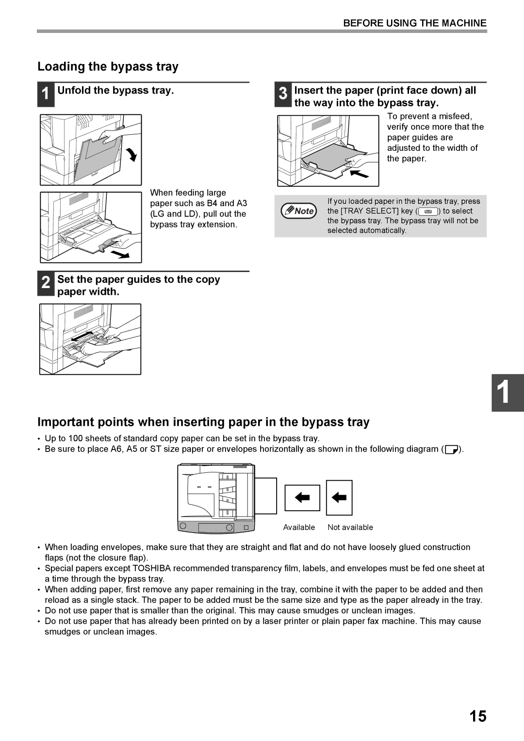 Toshiba e-STUDIO161 manual Loading the bypass tray, Important points when inserting paper in the bypass tray 