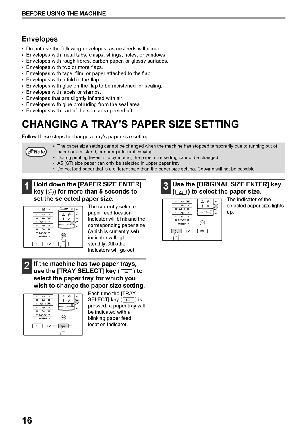 Toshiba e-STUDIO161 manual Changing a TRAY’S Paper Size Setting, Envelopes, Indicator of the selected paper size lights up 