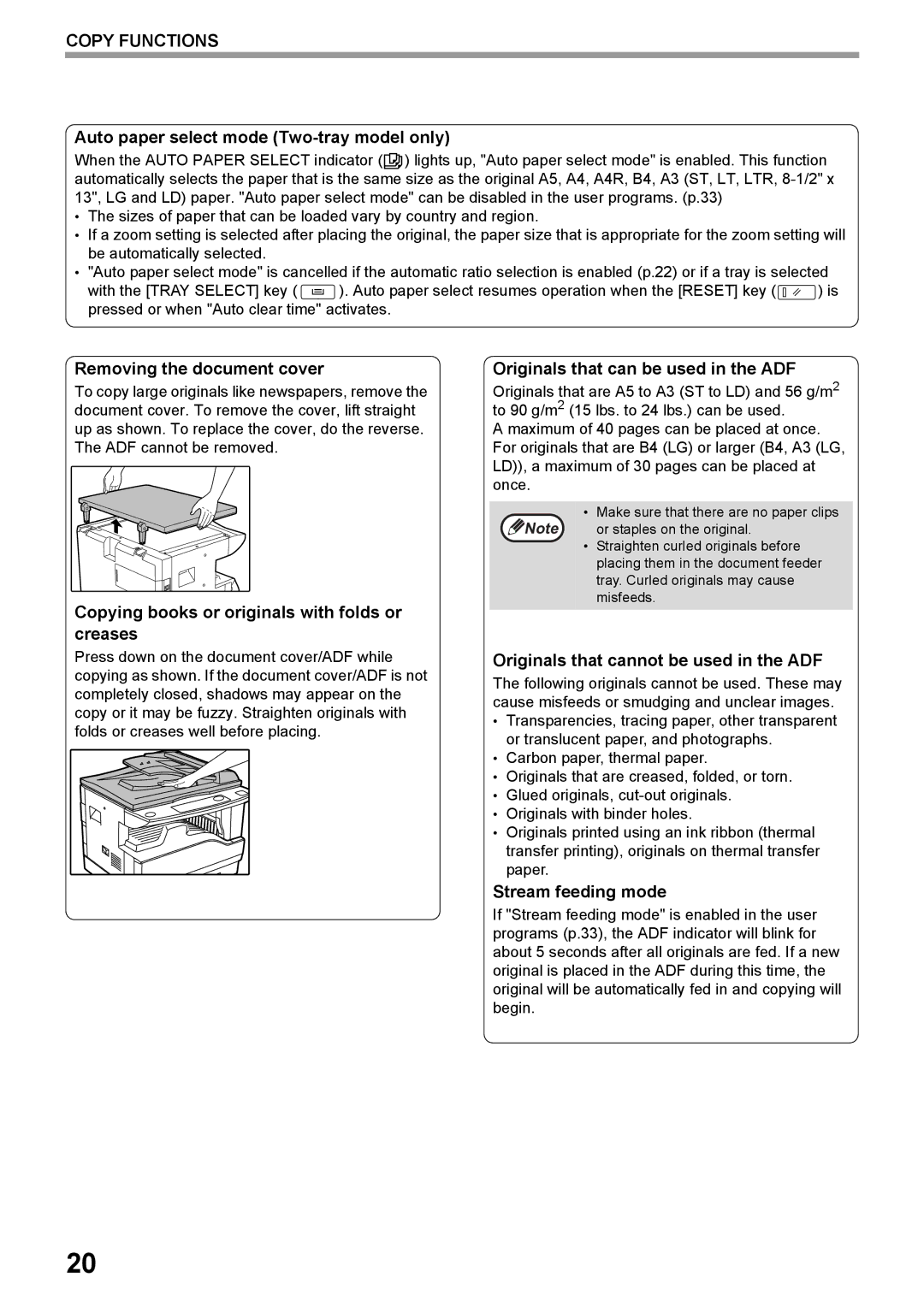 Toshiba e-STUDIO161 manual Auto paper select mode Two-tray model only, Removing the document cover, Stream feeding mode 