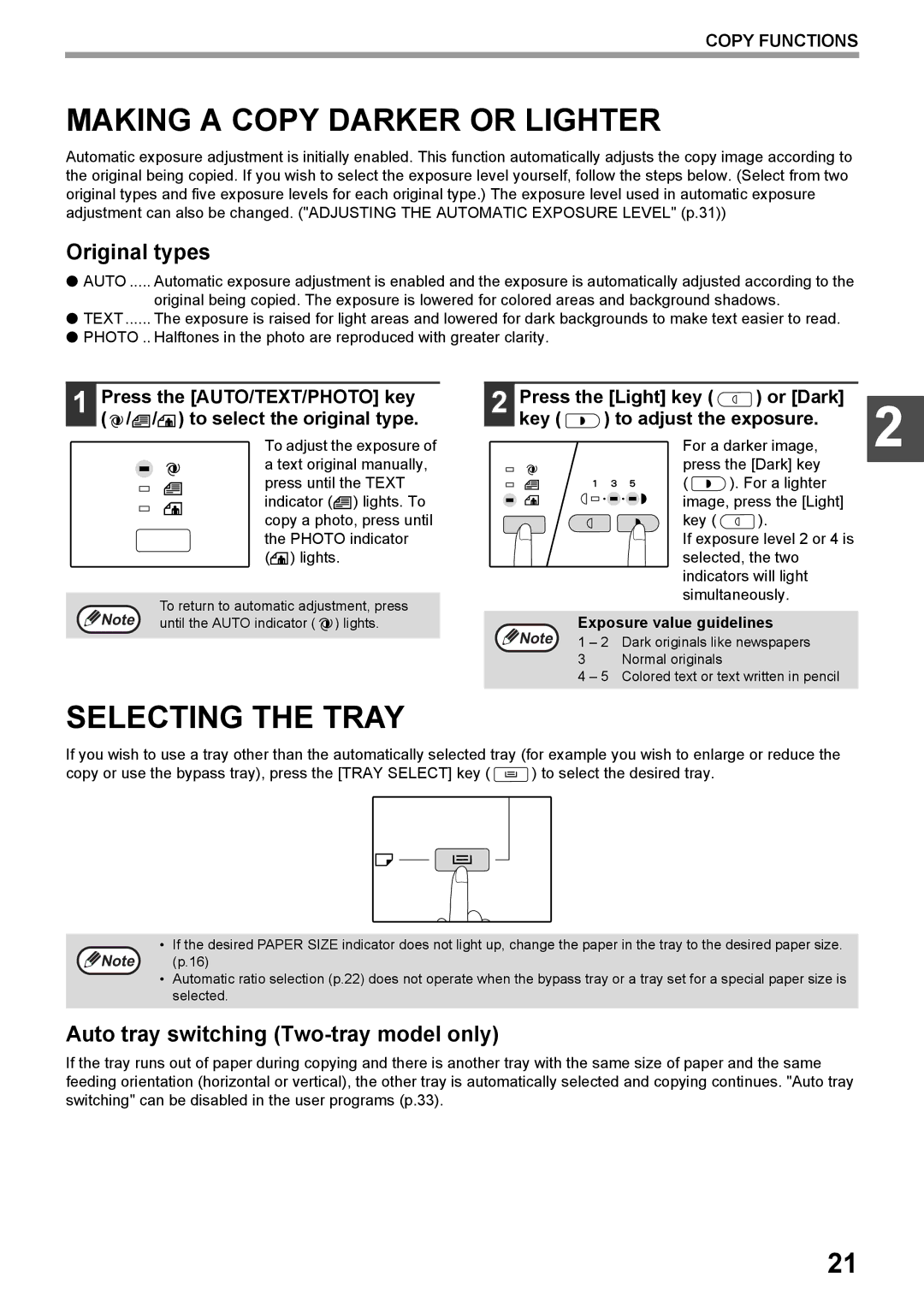 Toshiba e-STUDIO161 manual Making a Copy Darker or Lighter, Selecting the Tray, Original types, Exposure value guidelines 