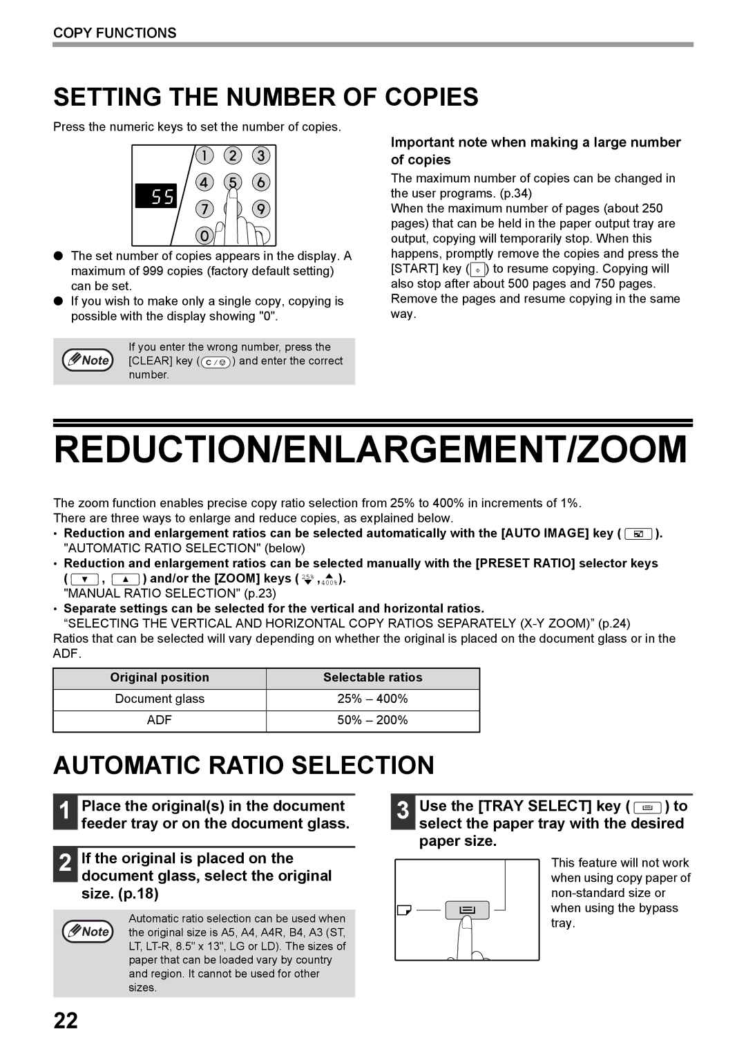 Toshiba e-STUDIO161 manual Reduction/Enlargement/Zoom, Setting the Number of Copies, Automatic Ratio Selection 