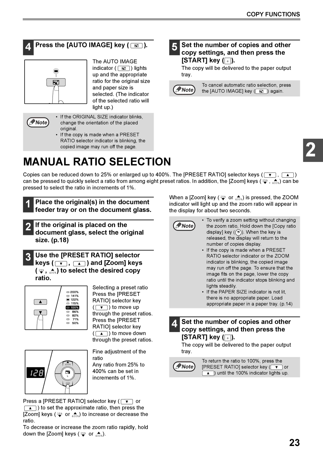 Toshiba e-STUDIO161 Manual Ratio Selection, Press the Auto Image key, Copy will be delivered to the paper output tray 