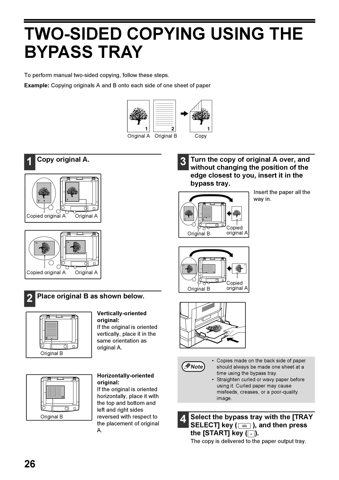 Toshiba e-STUDIO161 manual TWO-SIDED Copying Using the Bypass Tray, Copy original a, Place original B as shown below 