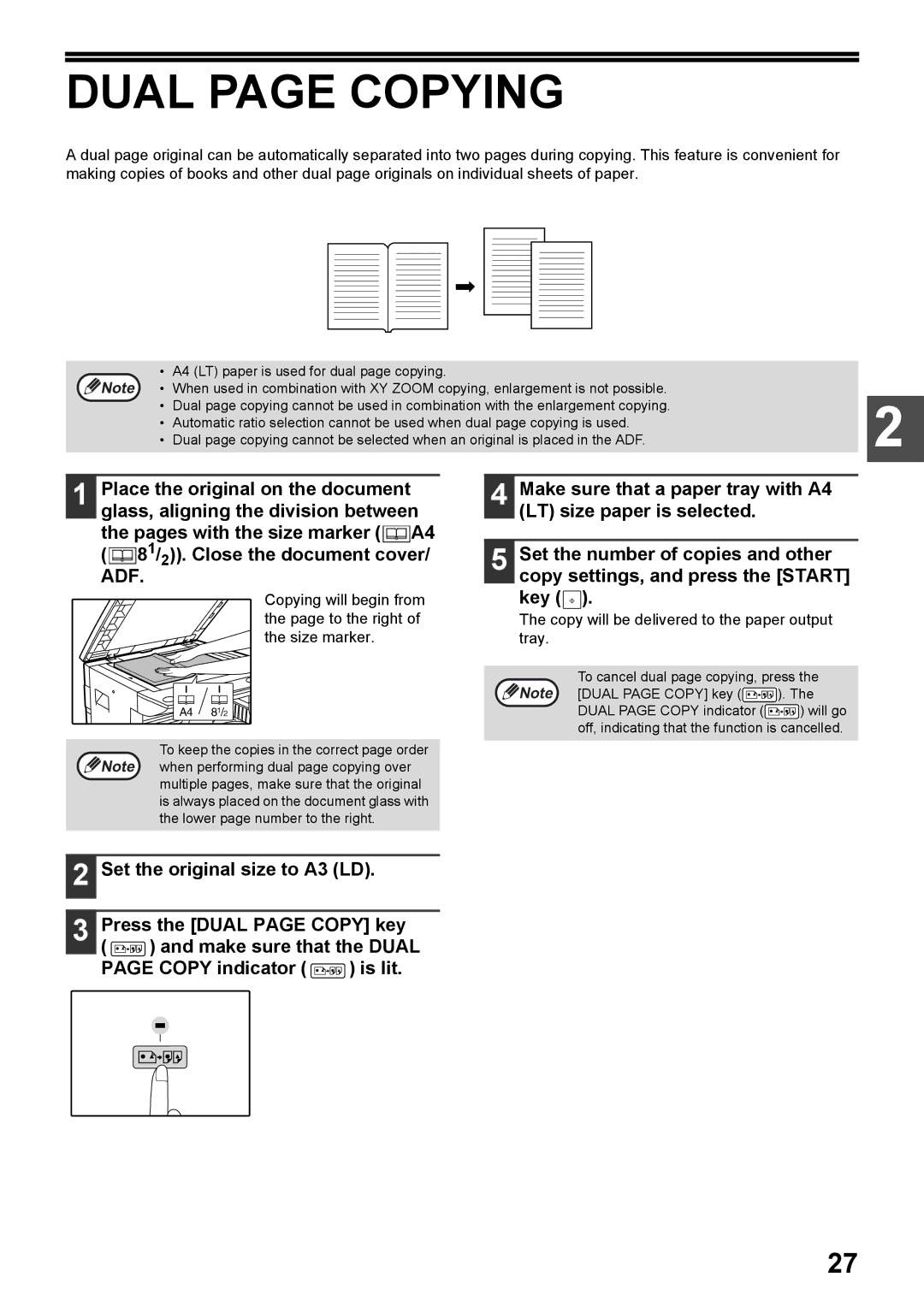 Toshiba e-STUDIO161 Dual page Copying, Set the original size to A3 LD, Press the Dual page Copy key, Copy indicator Is lit 