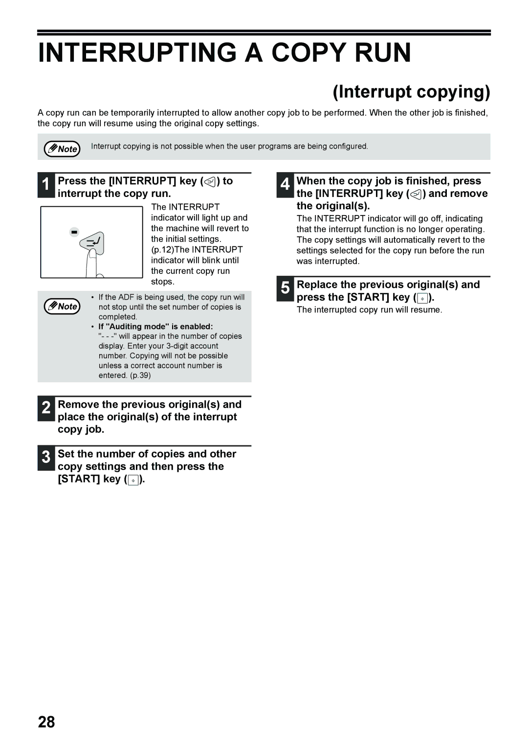 Toshiba e-STUDIO161 manual Interrupting a Copy RUN, Press the Interrupt key to, Interrupt the copy run 